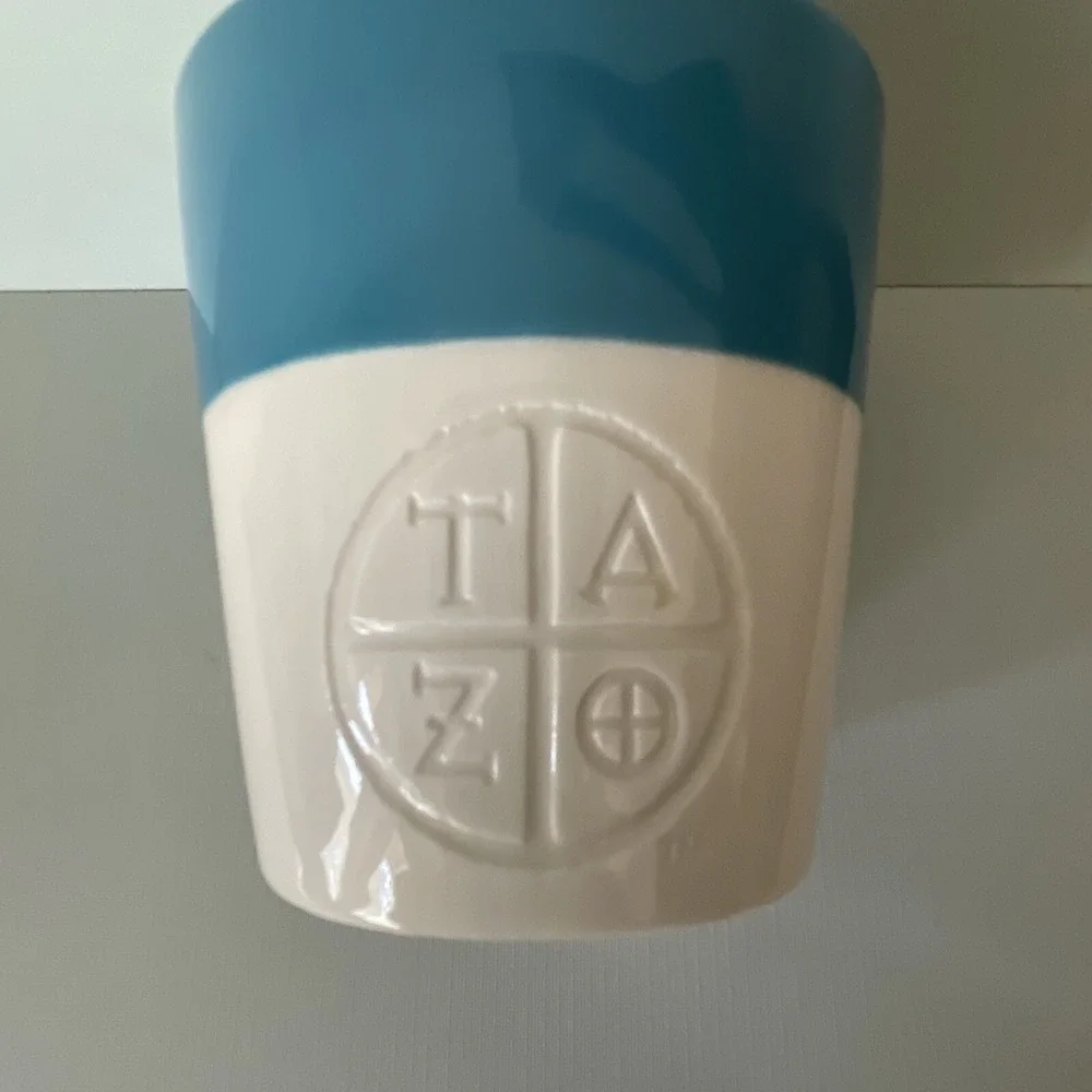 Starbucks TAZO Teal Blue Slant Top No Handle Tea Cup Coffee Mug Asymetrical 2012